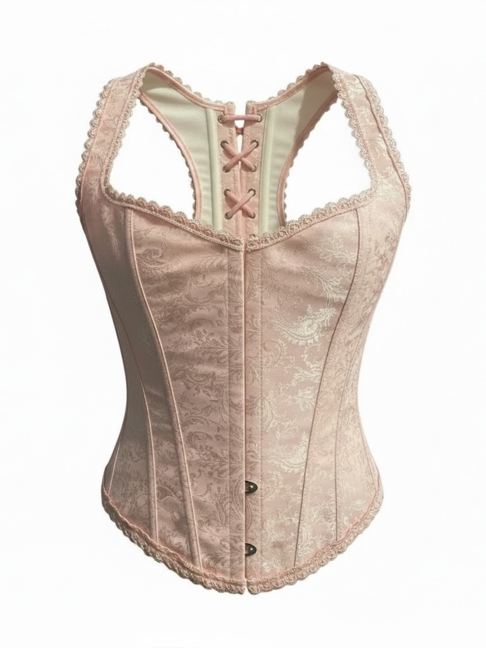 Vintage Bonitaz Pink Brocade Corset Top Lace Up Size 36 Y2K Barbie Coquette